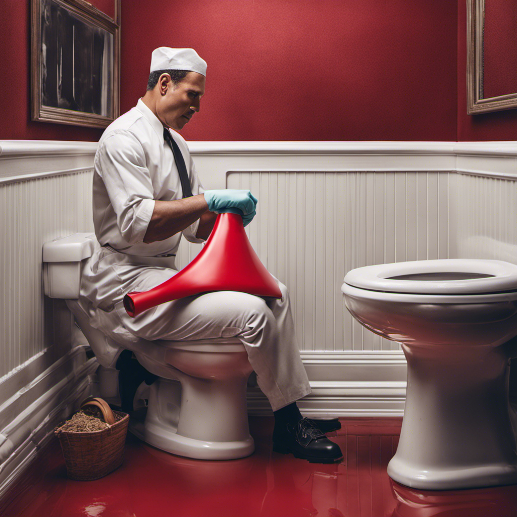 An image showcasing a person wearing rubber gloves, firmly holding a red plunger with a wooden handle