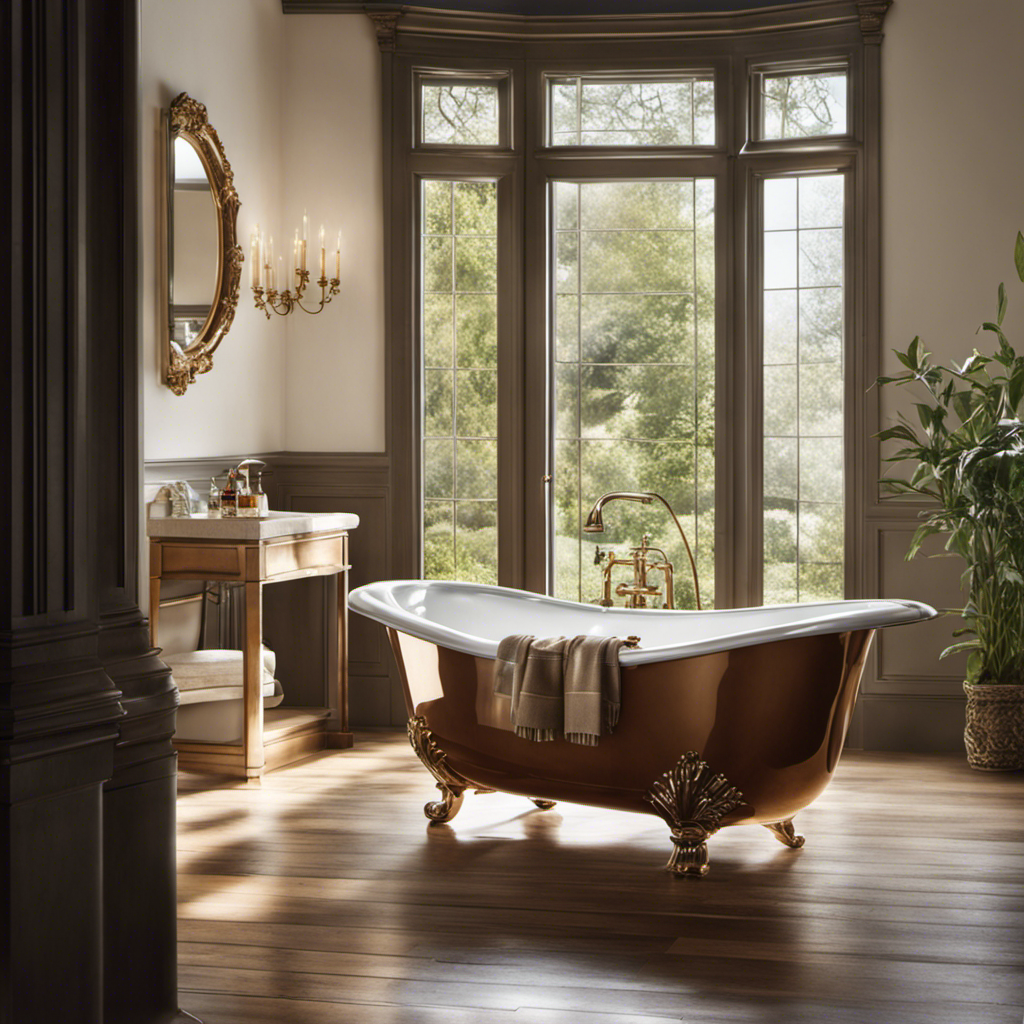 An image showcasing a gleaming bathtub, bathed in natural light, with a person wearing gloves gently buffing the surface