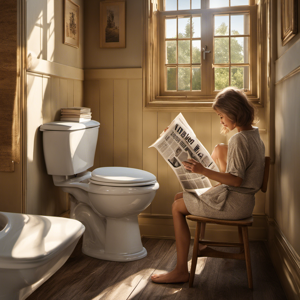 An image showcasing a relaxed person sitting on a toilet, legs comfortably raised on a step stool, while reading a newspaper