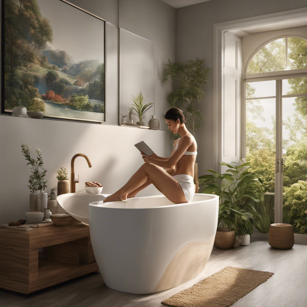 An image depicting a serene bathroom setting with a person sitting on a toilet, displaying relaxed body posture, gently massaging their lower abdomen, while a glass of water and a bowl of fiber-rich foods sit nearby