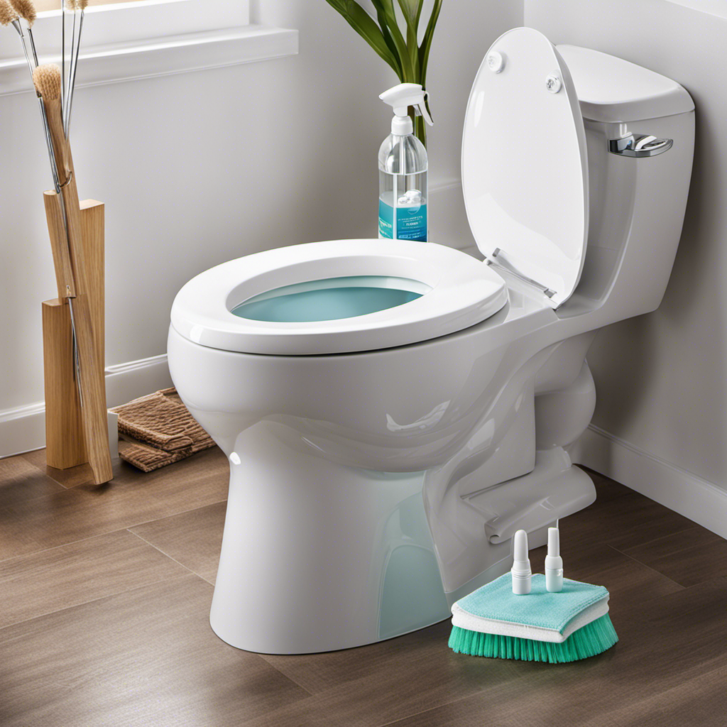 An image showcasing a sparkling white toilet bowl with crystal-clear water, surrounded by a variety of cleaning tools like a scrub brush, gloves, and a bottle of toilet cleaner, illustrating effective methods to avoid unsightly brown stains