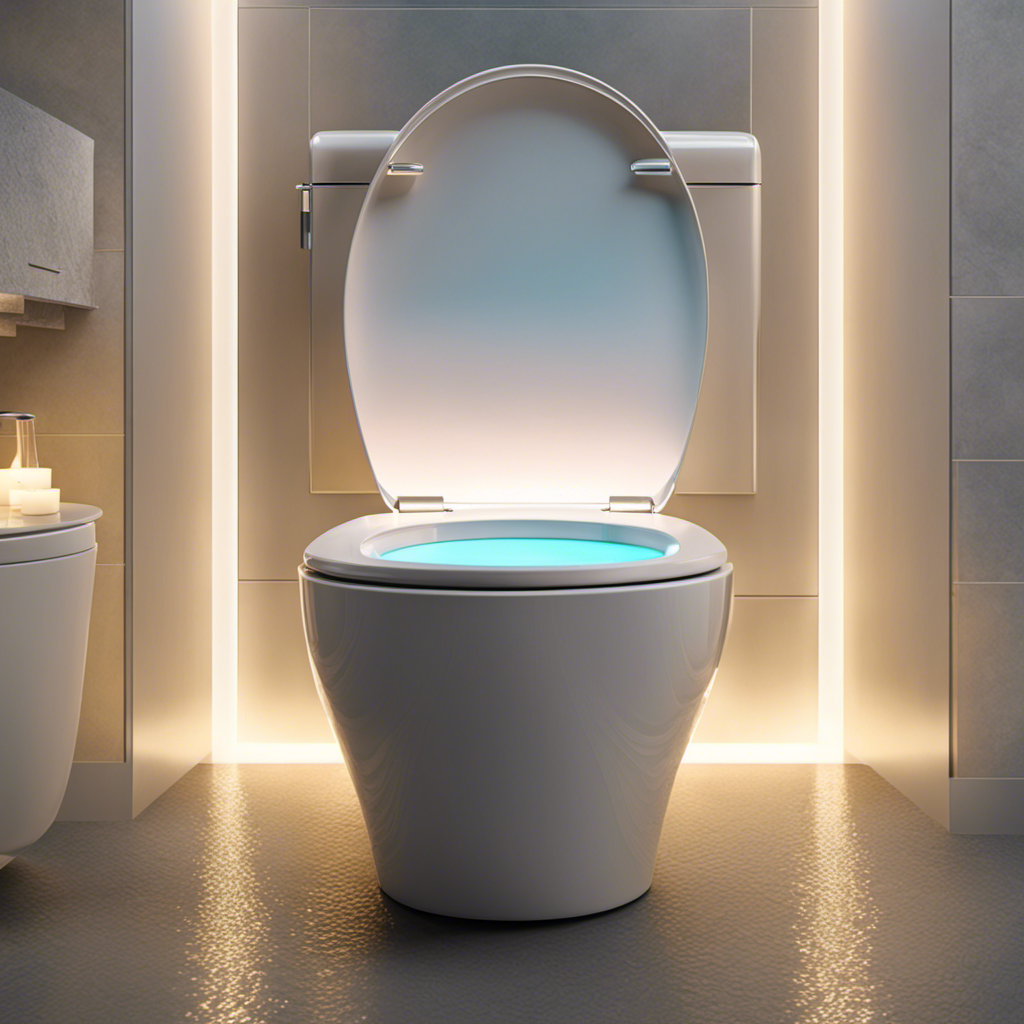 An image showcasing a sparkling toilet bowl, surrounded by a serene bathroom environment