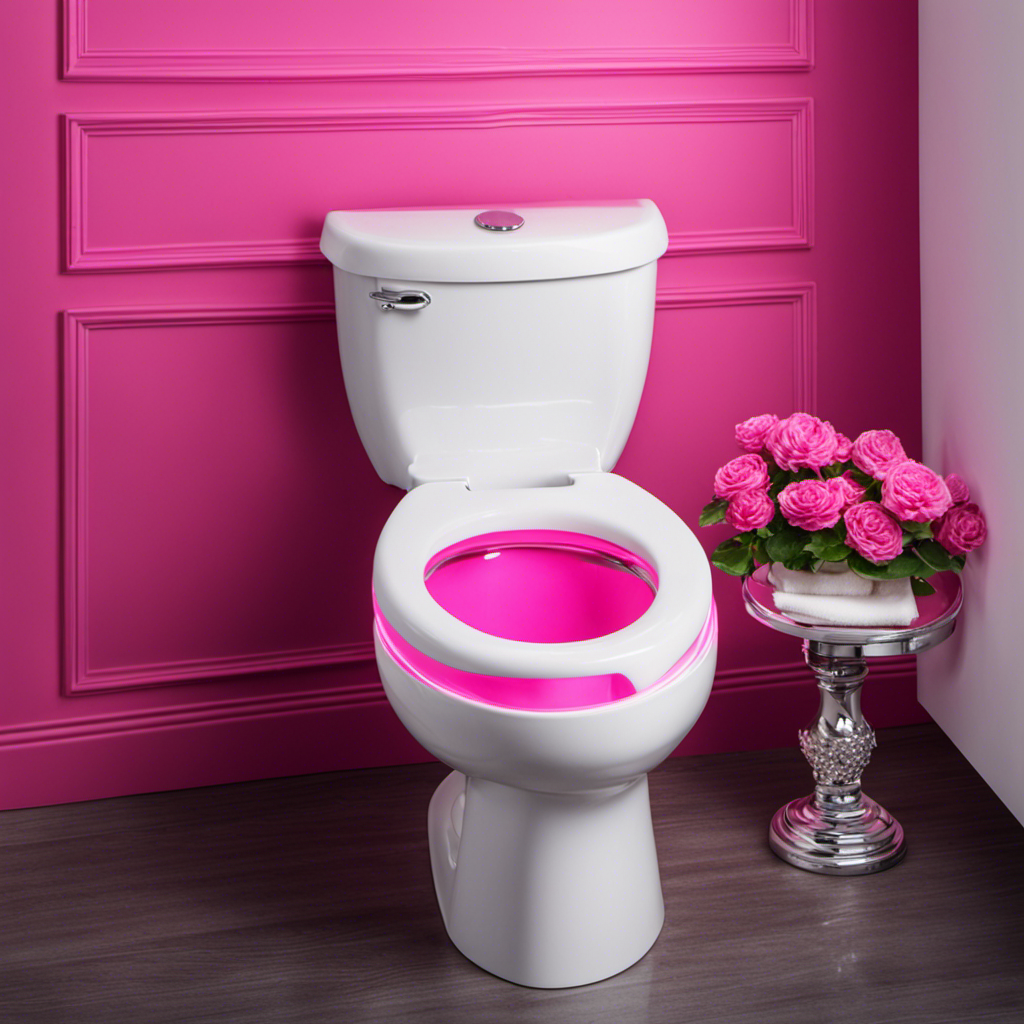 An image showcasing a sparkling white toilet bowl with a vibrant pink ring forming around the waterline