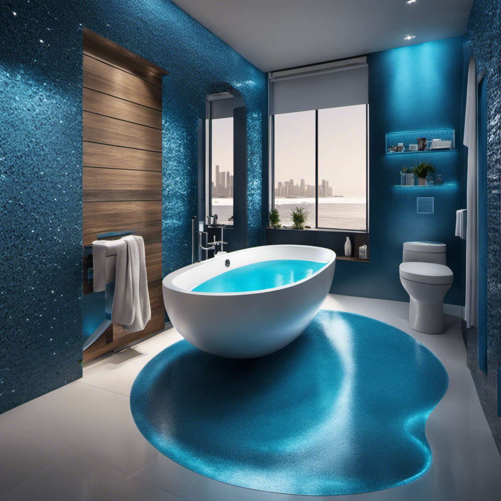 An image showcasing a sparkling clean toilet bowl, glistening with a layer of protective wax, surrounded by a halo of vibrant blue water, evoking a serene and hygienic bathroom environment