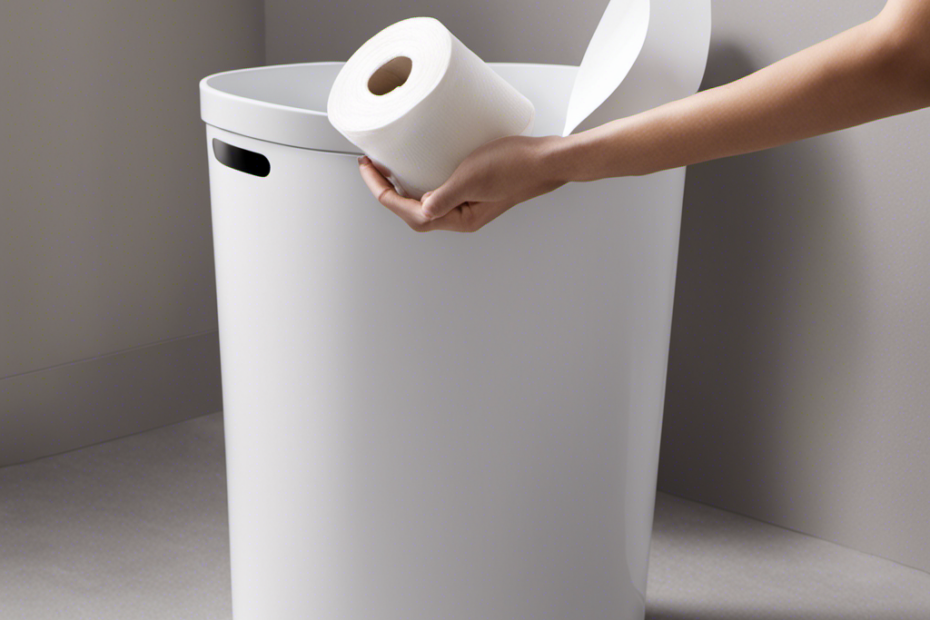 An image showcasing a hand gently placing toilet paper into a wastebasket, highlighting the importance of proper disposal