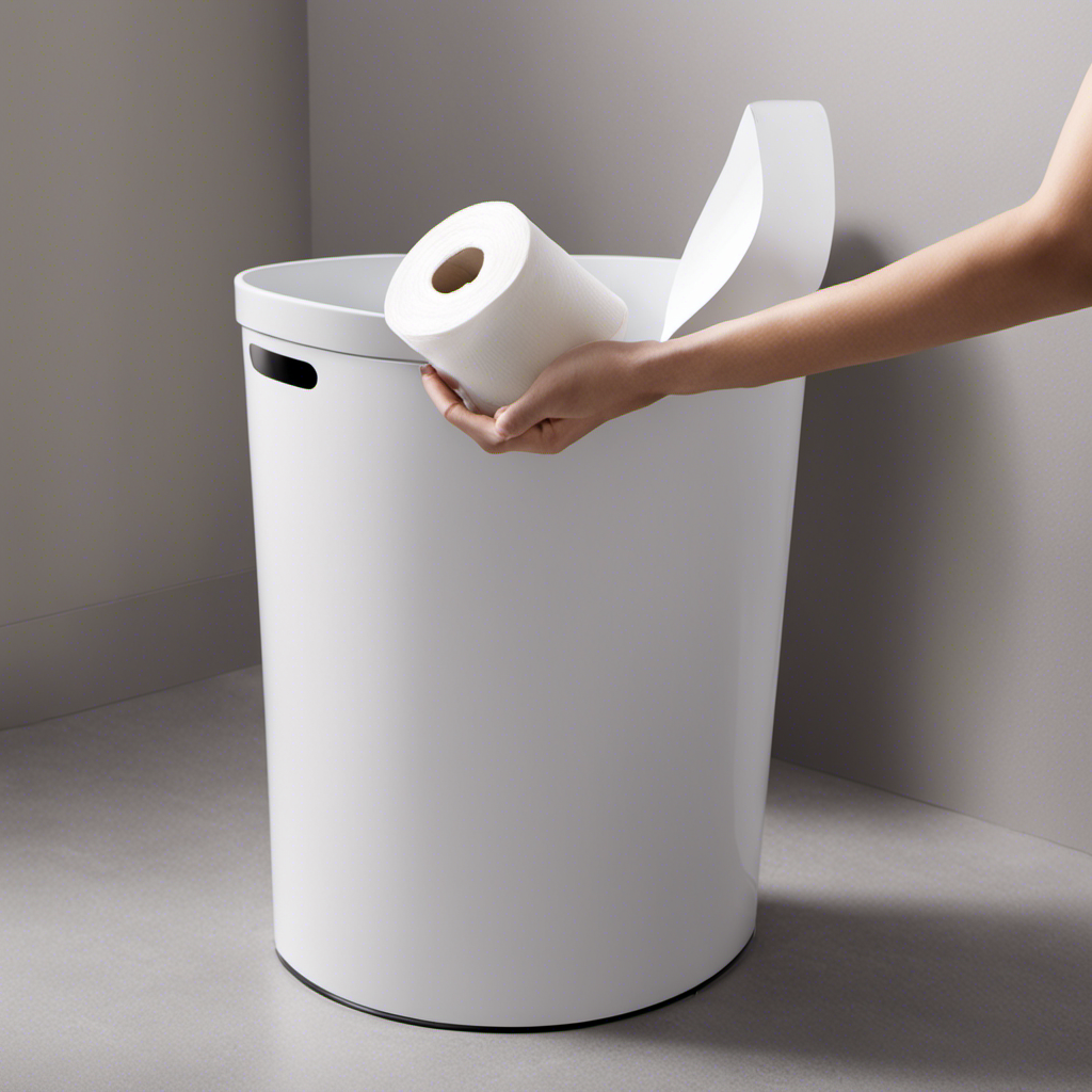 An image showcasing a hand gently placing toilet paper into a wastebasket, highlighting the importance of proper disposal