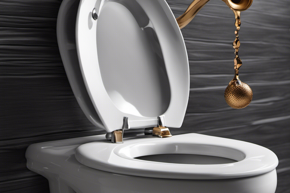 An image capturing a hand holding a plunger, with a half-flushed toilet in the background
