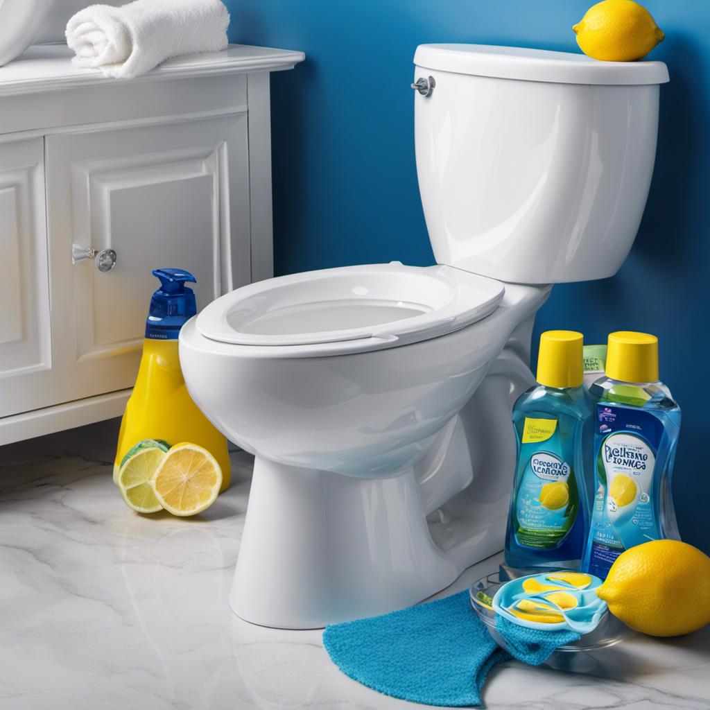 An image depicting a sparkling white toilet bowl, immaculately clean and stain-free, with a vibrant blue toilet water, surrounded by a variety of visually appealing cleaning products, brushes, and fresh lemons