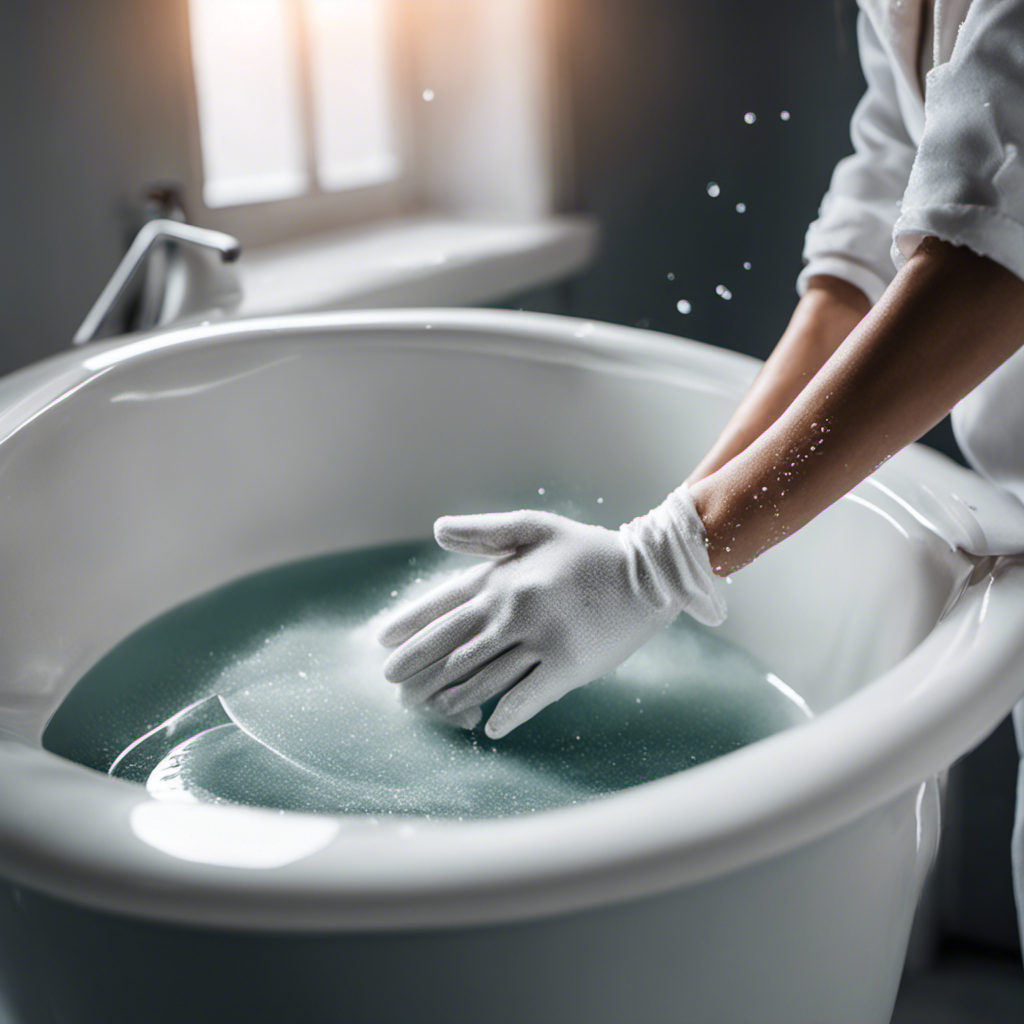 An image showcasing a pair of gloved hands vigorously scrubbing a pristine white bathtub, with sparkling water droplets flying off the surface, capturing the essence of a thorough and effective bathtub cleaning process