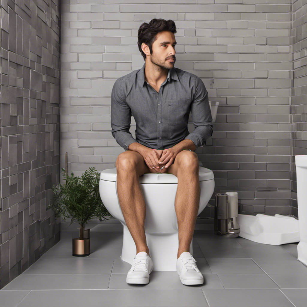 An image showcasing a person sitting on a well-positioned toilet seat, demonstrating proper posture with feet flat on the floor, knees slightly apart, back straight, and hands resting comfortably on thighs