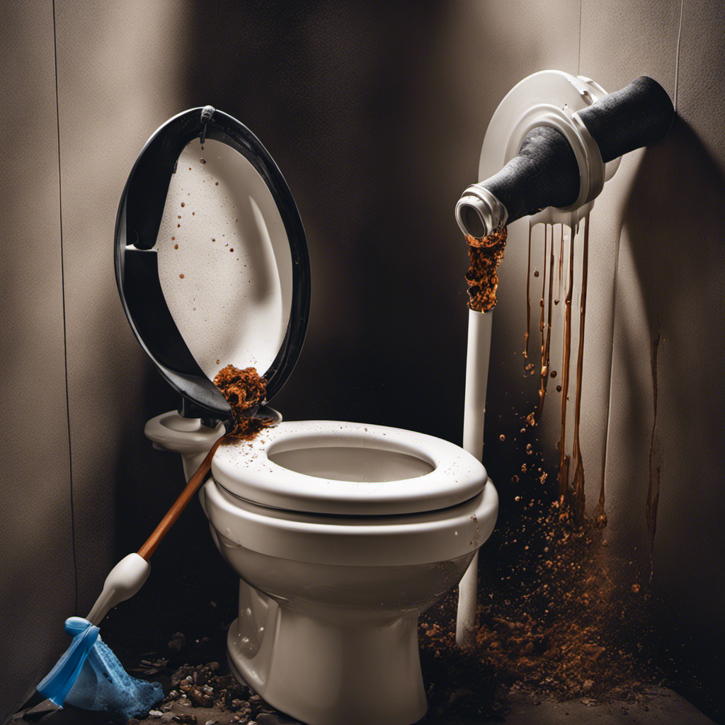 An image showcasing a person wearing rubber gloves, using a plunger with force to clear a clogged toilet