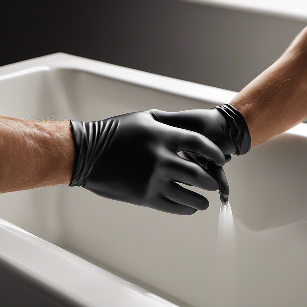 An image that showcases a close-up perspective of a gloved hand expertly applying a smooth, even bead of caulk along the seam where the bathtub meets the tile, ensuring a watertight seal