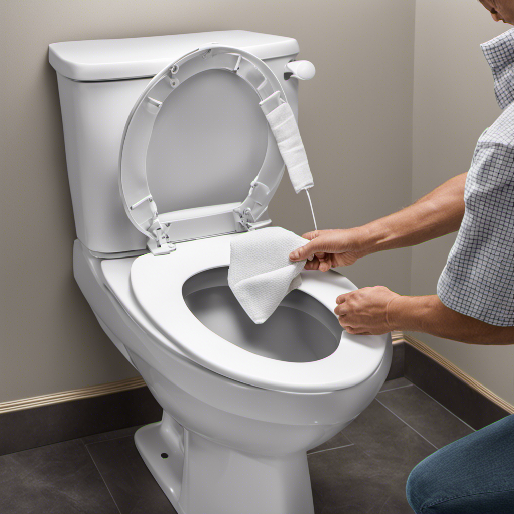 An instructional image capturing the process of placing a toilet seat cover