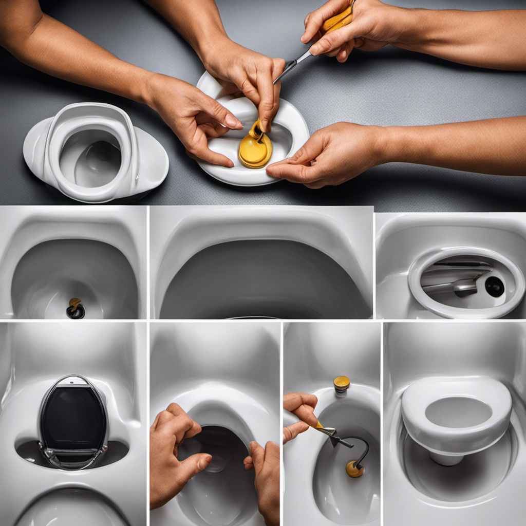 An image capturing the step-by-step process of applying a wax ring to a toilet: a close-up of hands removing the old ring, placing a new one, aligning the toilet, and securing it tightly