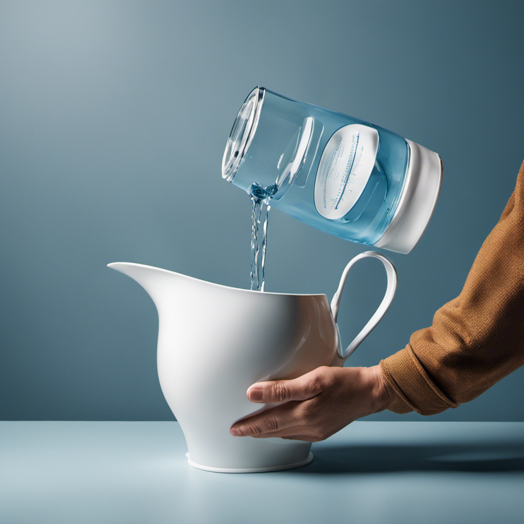 An image showcasing a hand holding a water jug, pouring a steady stream of water into a toilet bowl