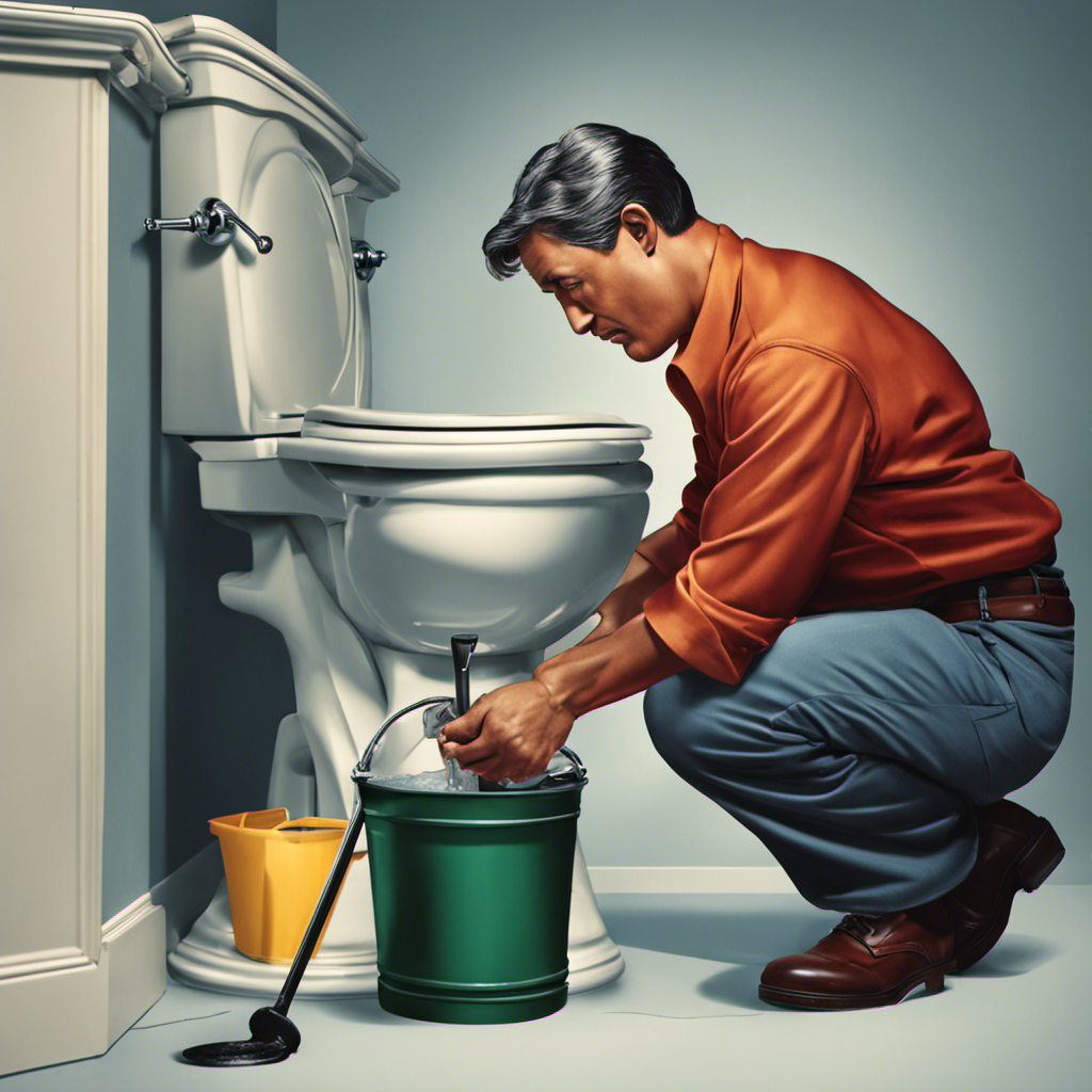 An image showing a person using a plunger to unclog a toilet while pouring a bucket of water into the bowl, demonstrating the step-by-step process of raising the water level in a toilet