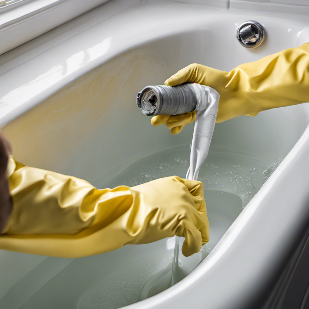 An image focusing on a pair of gloved hands carefully removing crumbling caulk from the bathtub edges, revealing a clean surface below