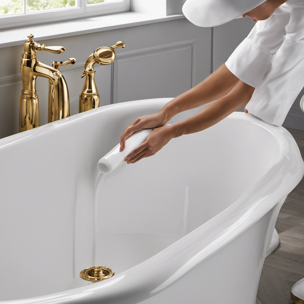 An image capturing the precise moment when a skilled hand applies a smooth, even bead of fresh caulk along the seam where a pristine white bathtub meets the gleaming tiled surround