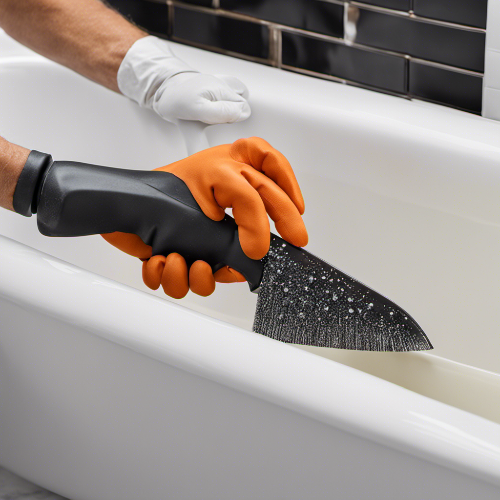 An image showcasing a gloved hand holding a putty knife, delicately removing old, blackened caulk from a bathtub