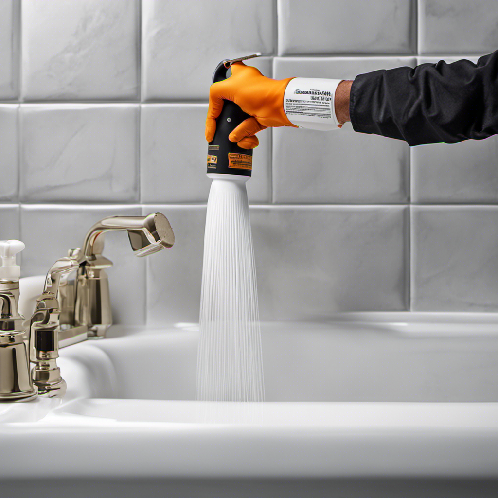 An image of a person wearing gloves, holding a caulk gun, meticulously applying a smooth bead of caulk along the seam between a bathtub and the tiled wall, ensuring a watertight seal