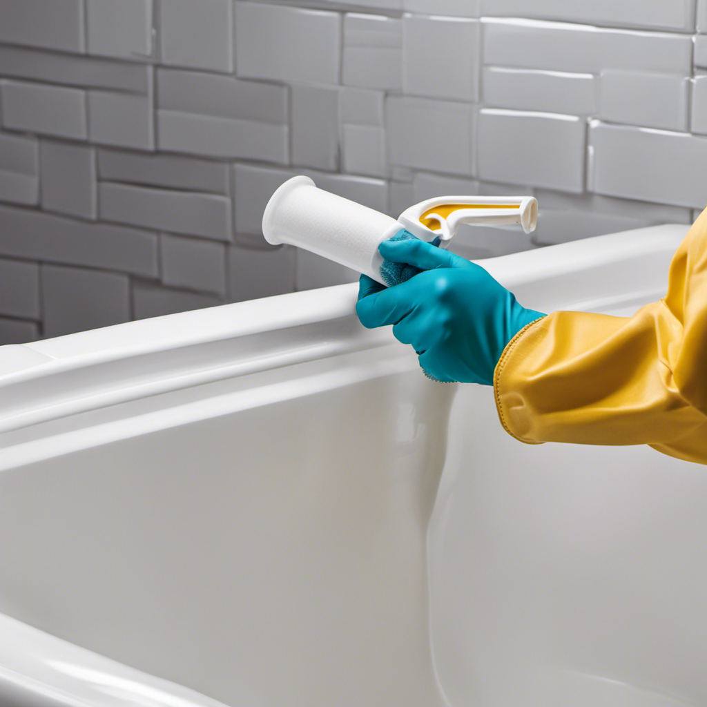 An image showcasing a gloved hand skillfully removing old caulk from a bathtub, revealing a pristine white surface beneath