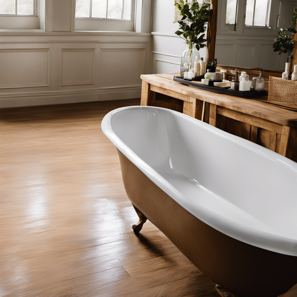 An image showcasing the step-by-step process of refinishing a bathtub: a worn-out tub being sanded meticulously, followed by a smooth application of primer and a glossy coat of fresh paint for a stunning transformation
