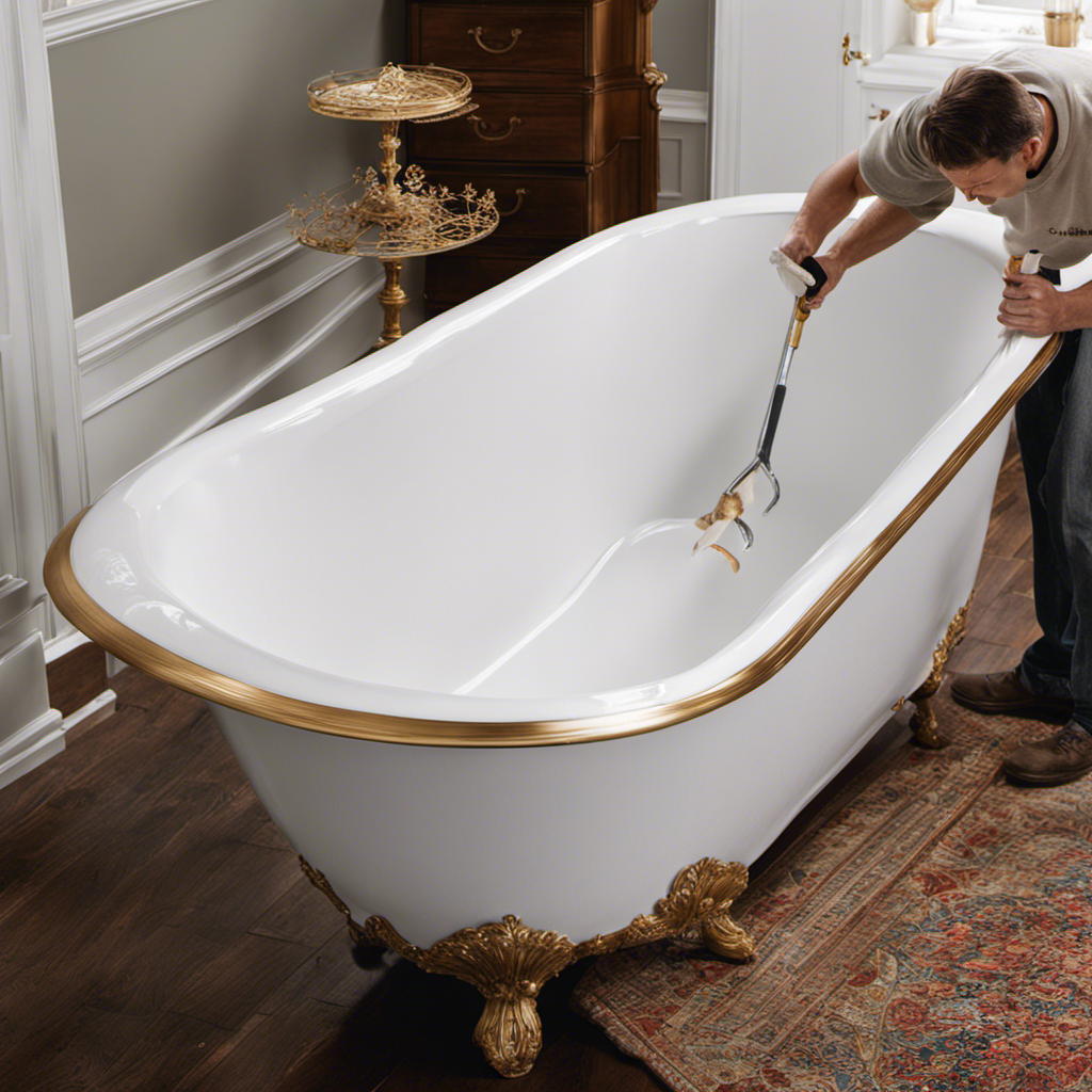 An image that captures the intricate process of refinishing a bathtub: hands delicately sanding the surface, a tub coated in gleaming white primer, a painter's tape outlining the edges, and a spray gun applying a smooth layer of glossy enamel