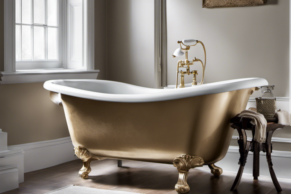 An image capturing the step-by-step process of refinishing an old bathtub: a worn-out tub being sanded meticulously, followed by a smooth, even layer of primer being applied, and finally, a gleaming, freshly painted bathtub ready for use