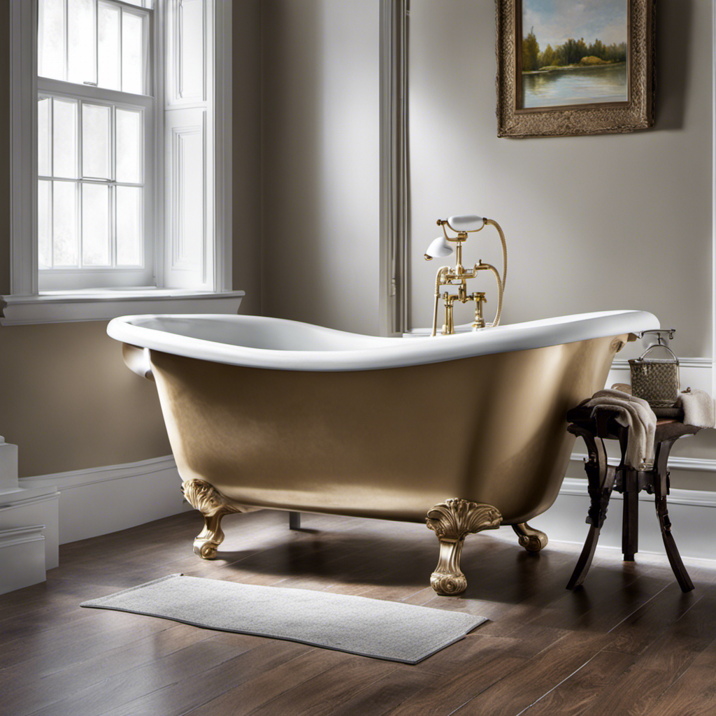 An image capturing the step-by-step process of refinishing an old bathtub: a worn-out tub being sanded meticulously, followed by a smooth, even layer of primer being applied, and finally, a gleaming, freshly painted bathtub ready for use