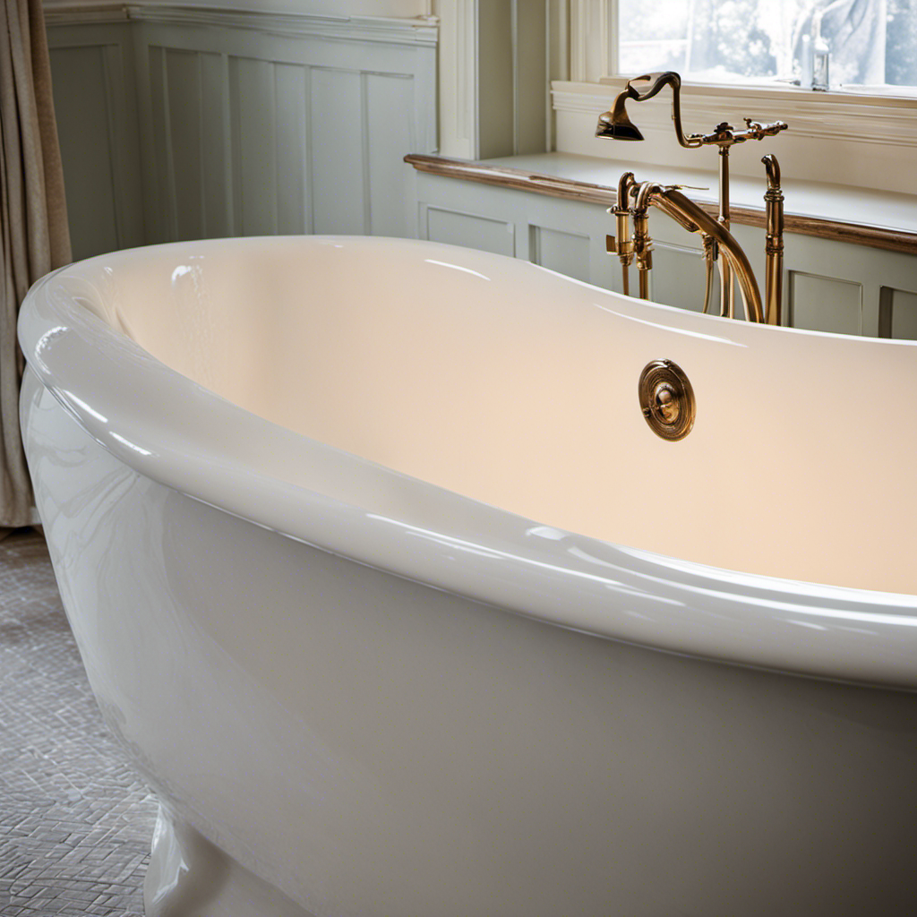 An image capturing the step-by-step process of reglazing a bathtub: a gloved hand meticulously sanding the tub's surface, followed by another hand applying a smooth, even coat of glossy white glaze, and finally, a beautifully refinished bathtub gleaming in the light