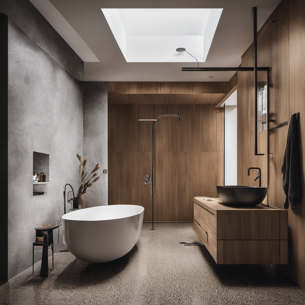 An image capturing a bathroom renovation: hands wearing work gloves gripping a crowbar, prying away tiles from a wall, revealing a dismantled bathtub