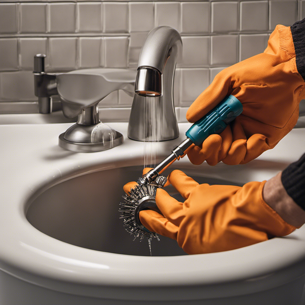 An image depicting hands wearing protective gloves, using a screwdriver to remove a rusty bathtub drain cover
