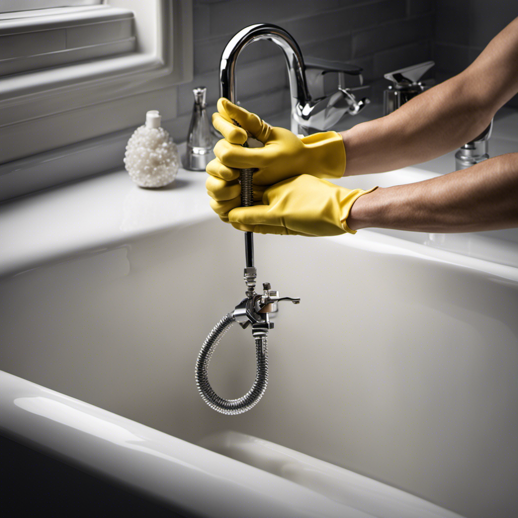 An image showcasing a pair of gloved hands using a wrench to meticulously unscrew the bathtub drain cover, revealing a clogged drain beneath