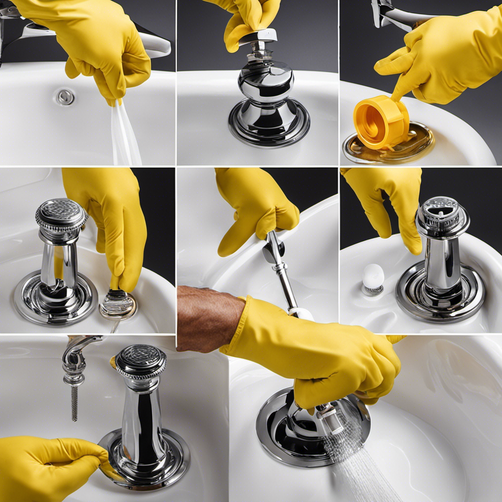 An image capturing the step-by-step process of removing a bathtub drain stopper: hands wearing rubber gloves gripping the stopper, a wrench turning counterclockwise, and the stopper being lifted out, revealing the drain opening