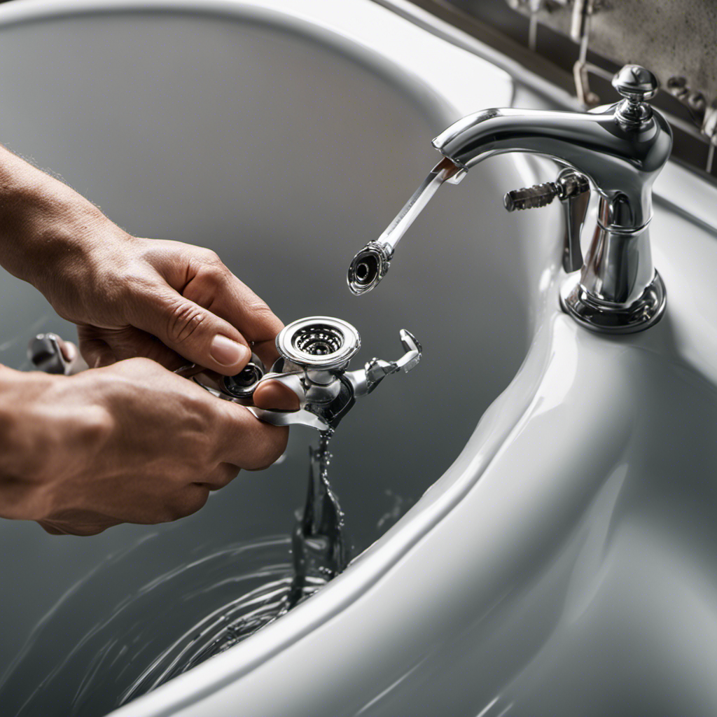 An image showcasing a close-up of hands gripping a wrench, skillfully loosening the drain pipe beneath a bathtub