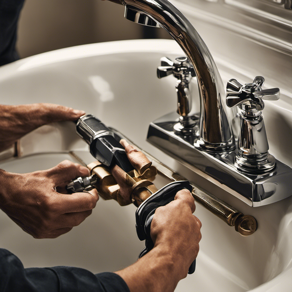 An image that visually depicts the step-by-step process of removing a bathtub faucet, showcasing the use of wrenches, pliers, and pipe tape, highlighting the intricate details involved in this DIY task
