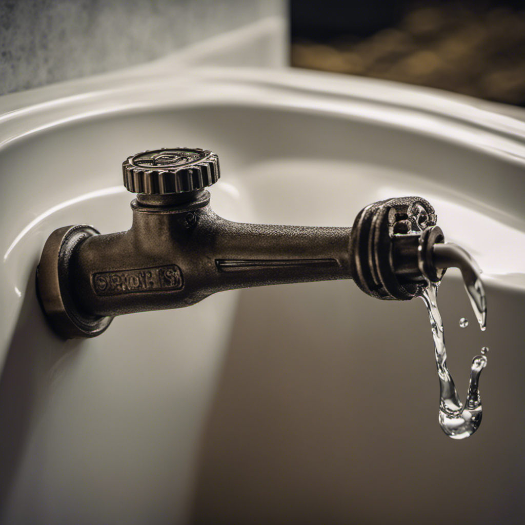 An image showcasing a close-up view of a hand gripping a pipe wrench firmly around the base of a bathtub spigot, displaying muscles straining, as water droplets cascade from the spout
