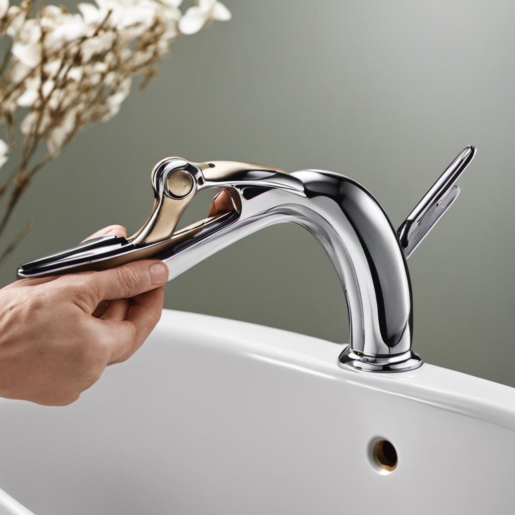 An image showcasing a pair of pliers firmly gripping the base of a bathtub spout, while a hand exerts force in an upward motion, demonstrating step-by-step instructions on how to remove a bathtub spout