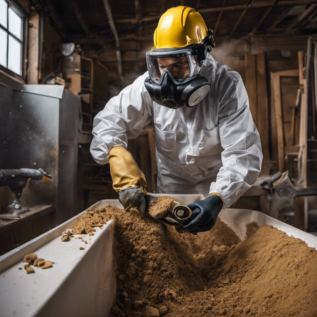 An image showing a person in protective gear, wearing gloves and safety goggles, carefully using a reciprocating saw to cut through the fiberglass bathtub, surrounded by debris and dust