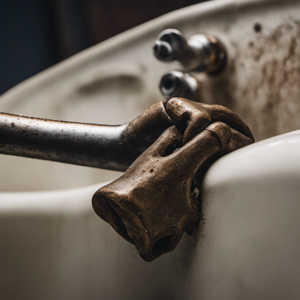 An image showcasing a close-up view of a pair of hands gripping a sturdy wrench tightly around the corroded, stuck bathtub drain