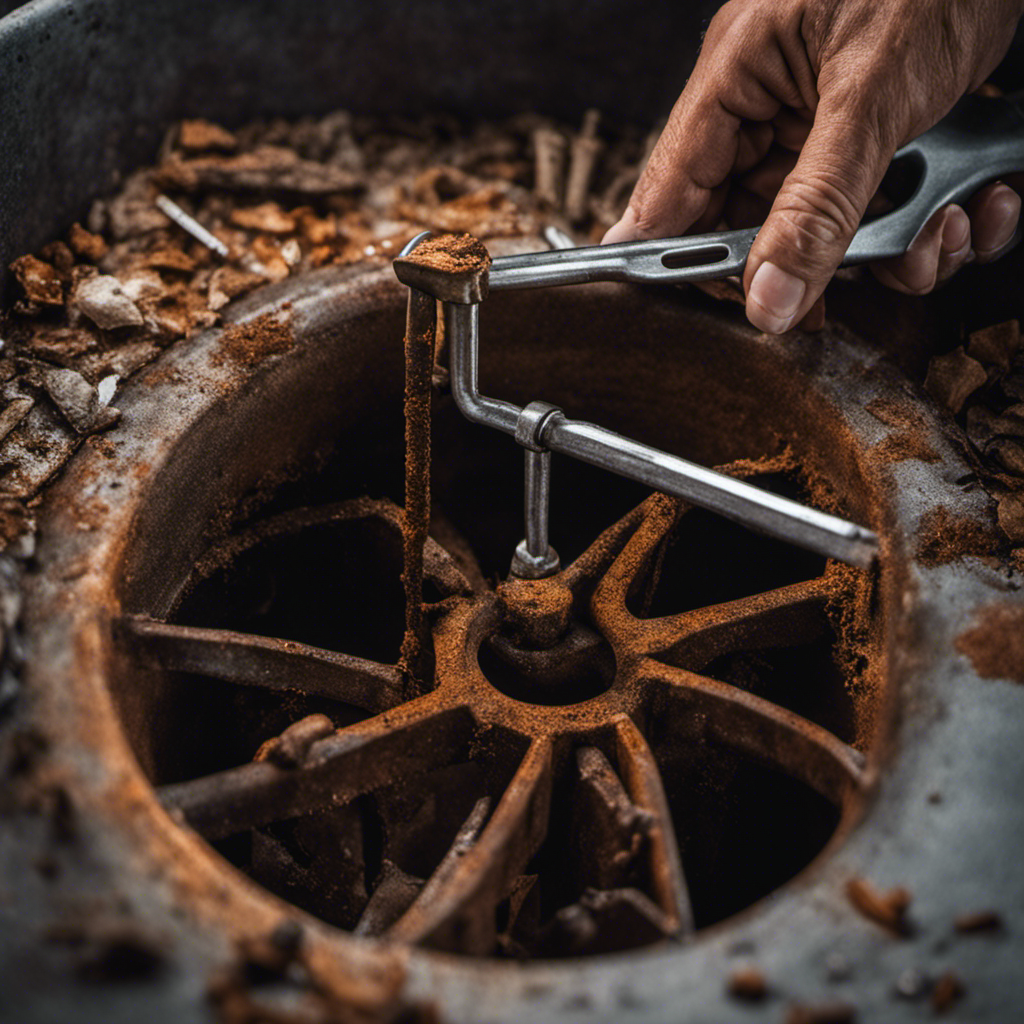 An image showing a close-up view of a pair of hands gripping a rusty bathtub drain extractor tool, firmly placed on the old drain