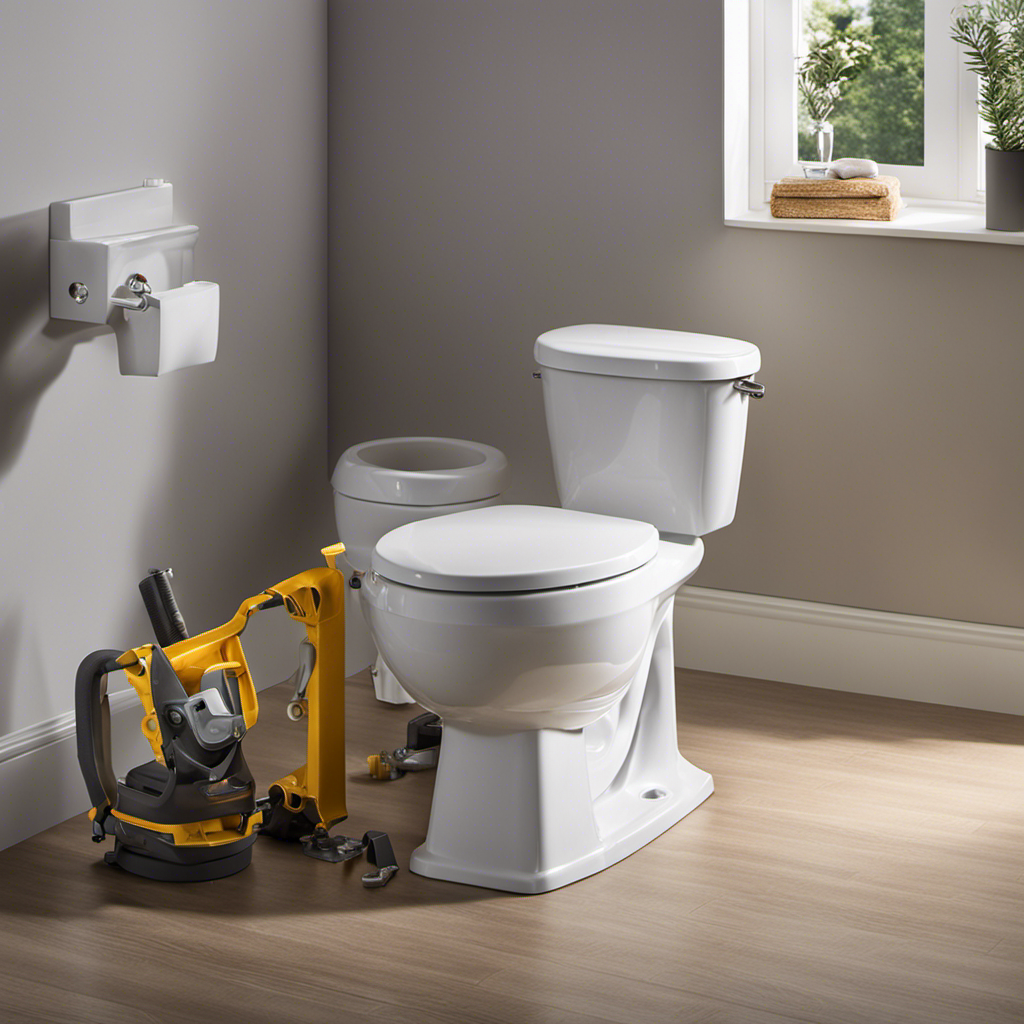 An image showcasing a step-by-step guide on removing and installing a toilet, depicting hands wearing protective gloves, using a wrench to detach bolts, lifting the toilet, aligning the wax ring, and securing it in place