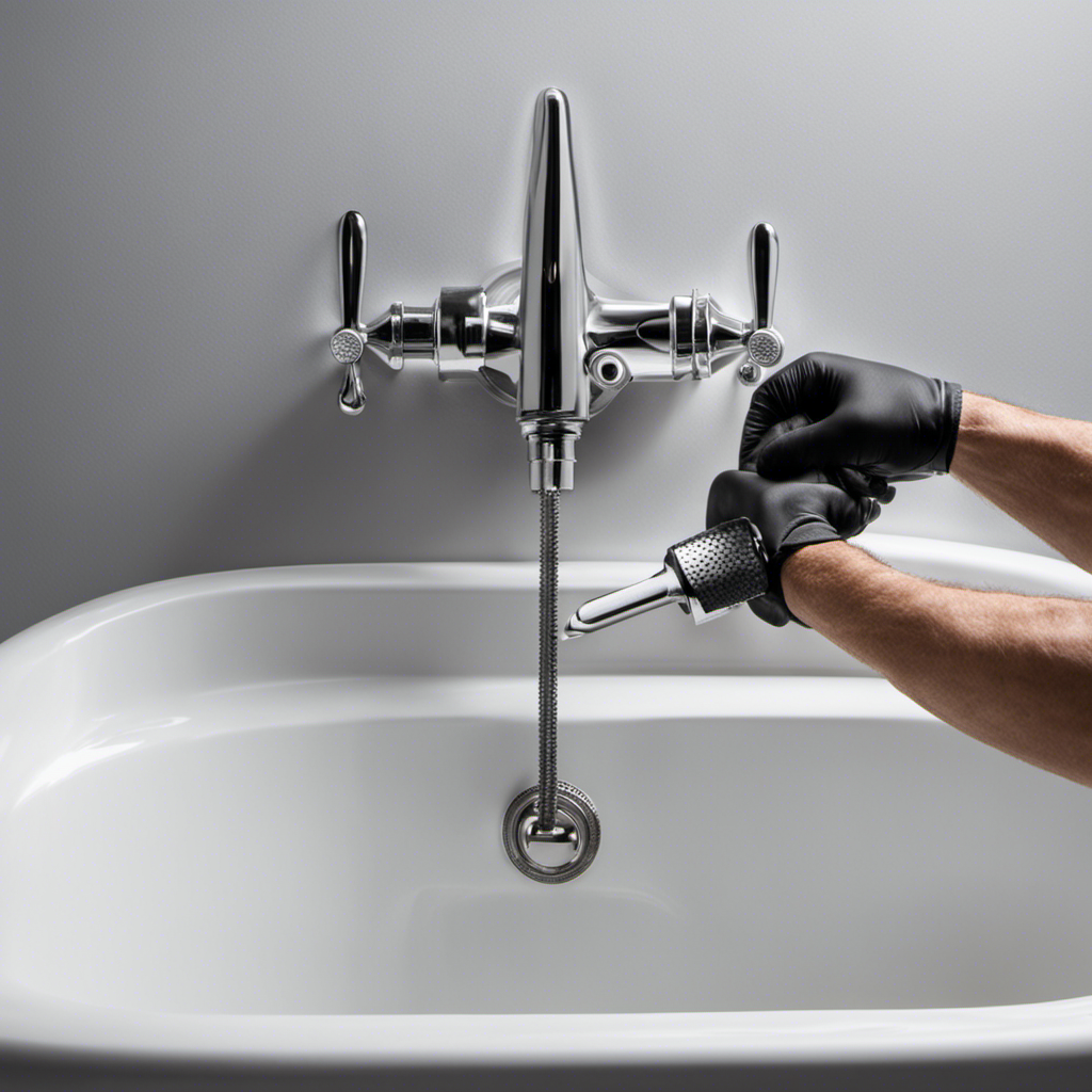 An image showcasing a pair of gloved hands gripping a wrench firmly around the bathtub drain plug