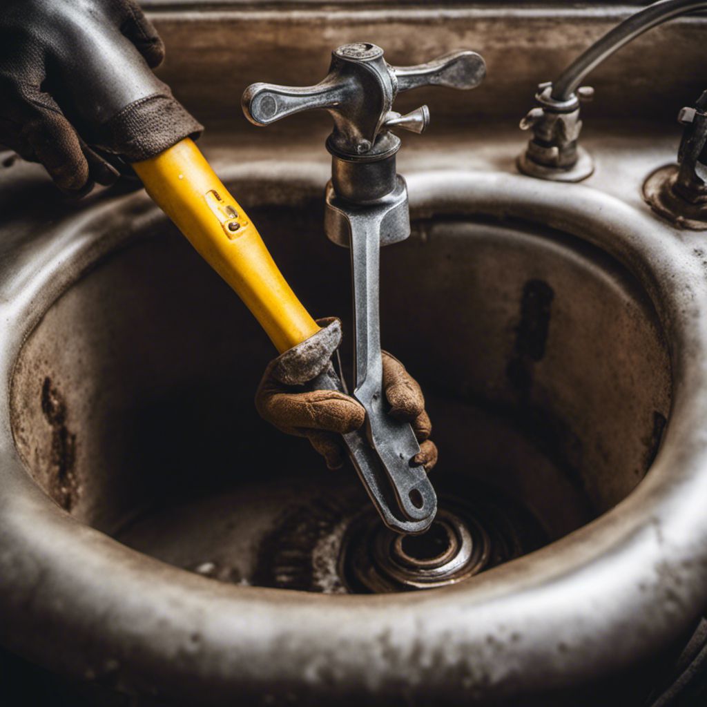An image showcasing a close-up shot of a gloved hand grasping a sturdy wrench, firmly gripping the corroded bathtub drain