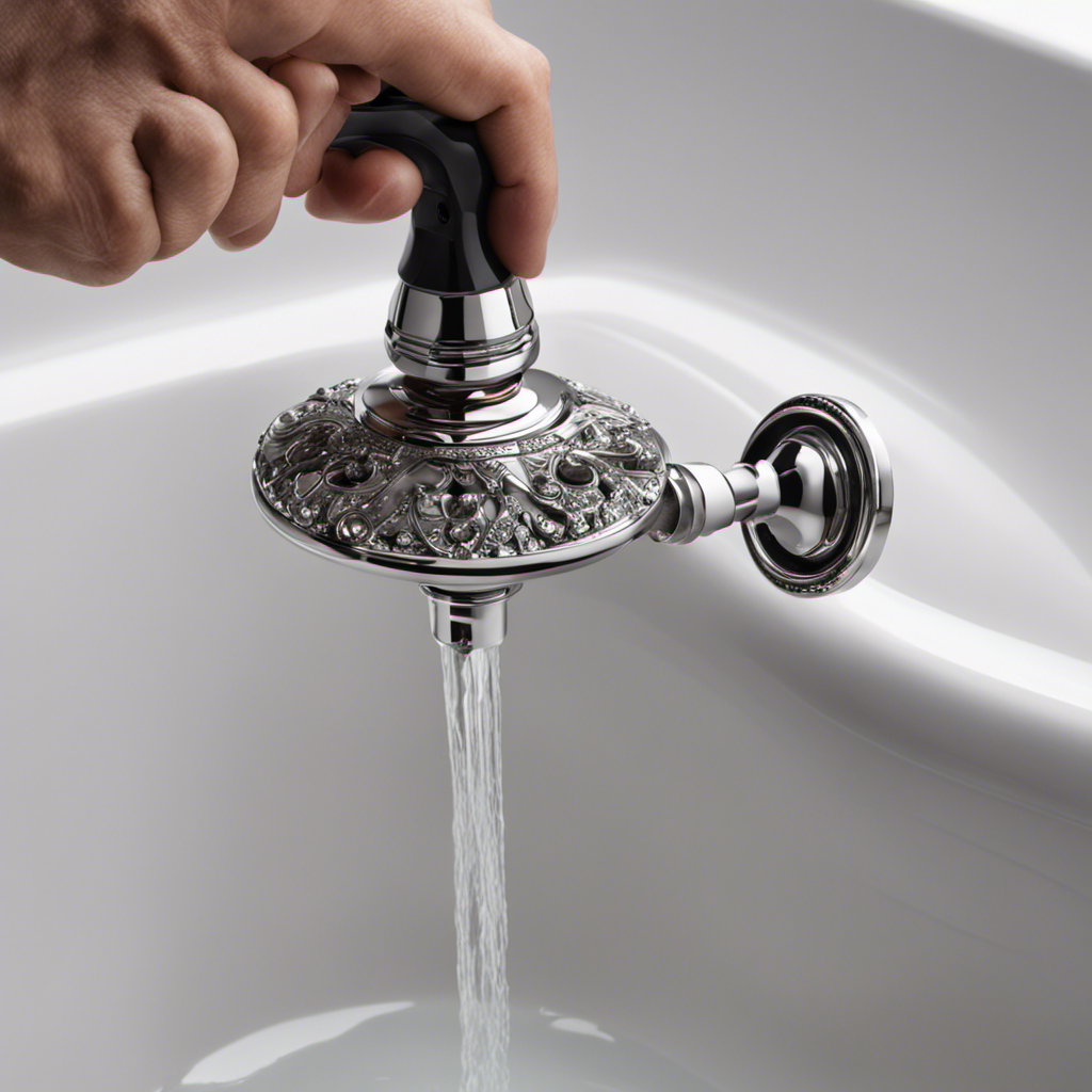 An image capturing a close-up view of a hand gripping a screwdriver securely inserted into a bathtub faucet handle, while poised to loosen it