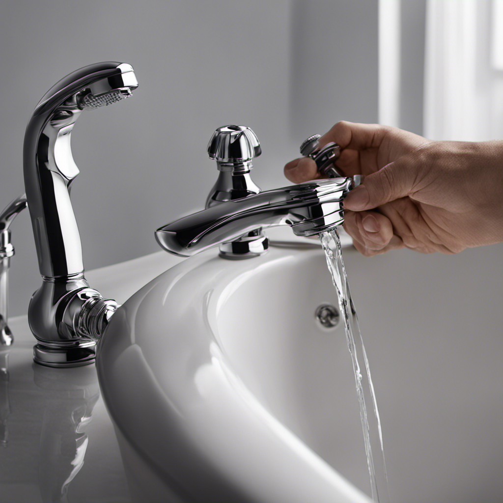 An image that showcases a close-up view of a pair of hands gripping a screwdriver, meticulously unscrewing the bathtub faucet handles