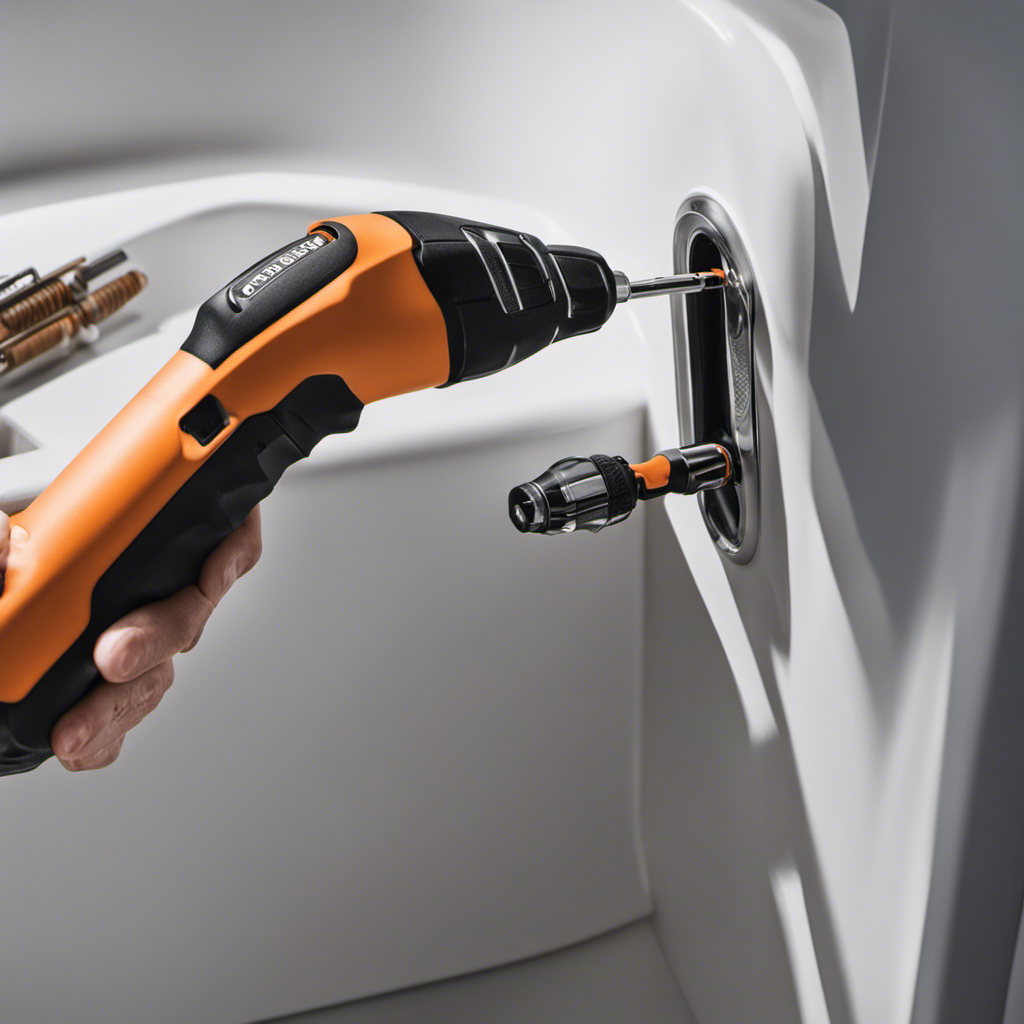 An image capturing a close-up view of a person's hand gripping a screwdriver, positioned on a bathtub trim plate