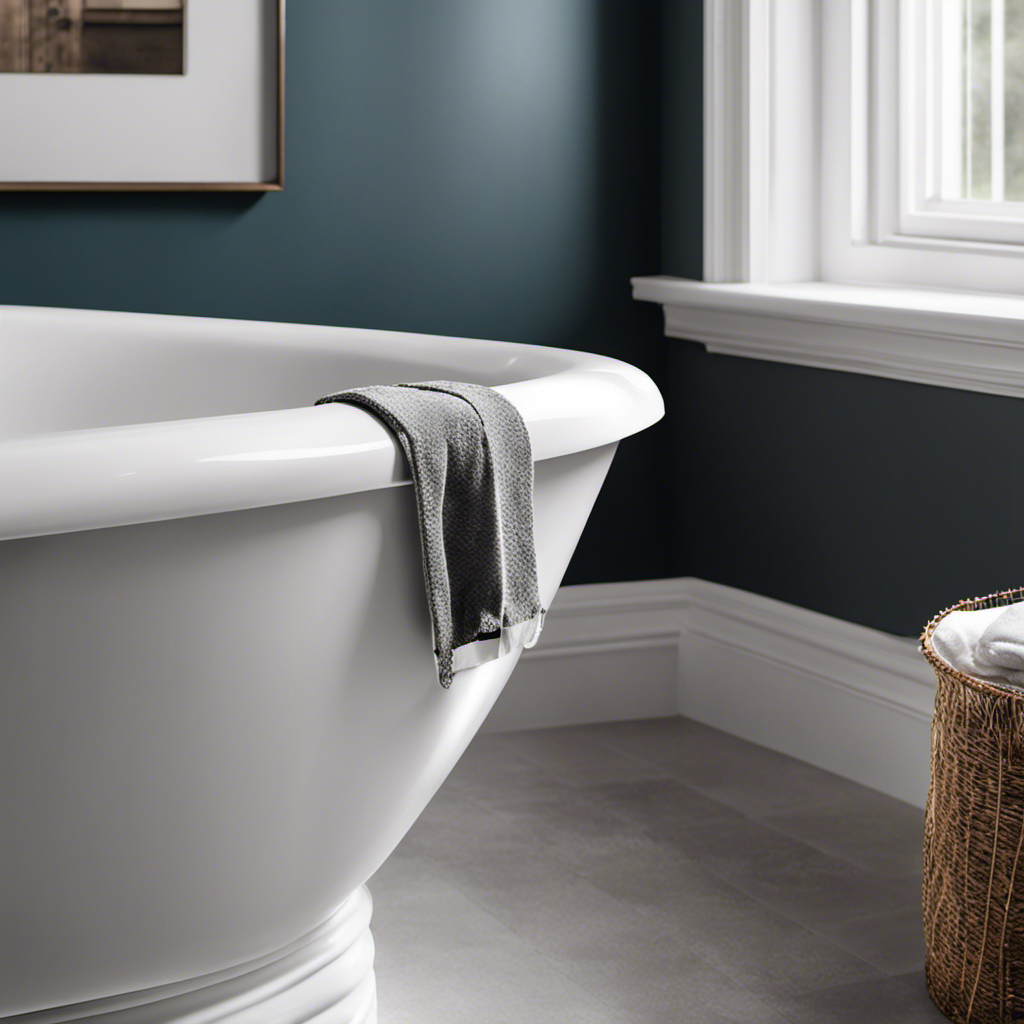 An image showcasing a close-up view of a bathroom corner, with a razor blade gently scraping away discolored and crumbling grout from the edges of a pristine white bathtub, revealing a clean and polished surface beneath