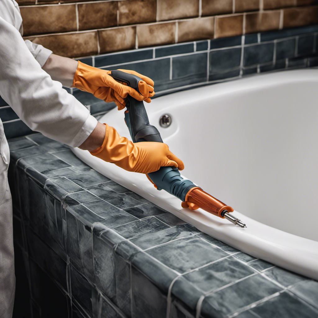 An image showcasing a pair of gloved hands holding a screwdriver, gently prying off a bathtub jet cover