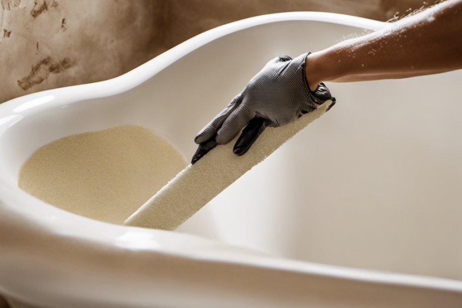An image showcasing the step-by-step process of removing bathtub refinishing: a gloved hand delicately scraping off the old finish, revealing the original surface underneath, with fine dust particles floating in the air